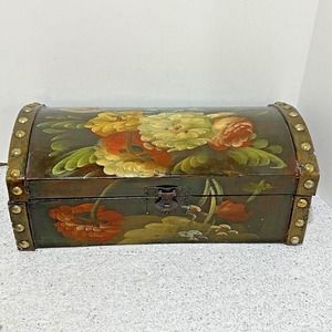 Vintage inspired tole painted wooden keepsake box dark varnish & brass tacks